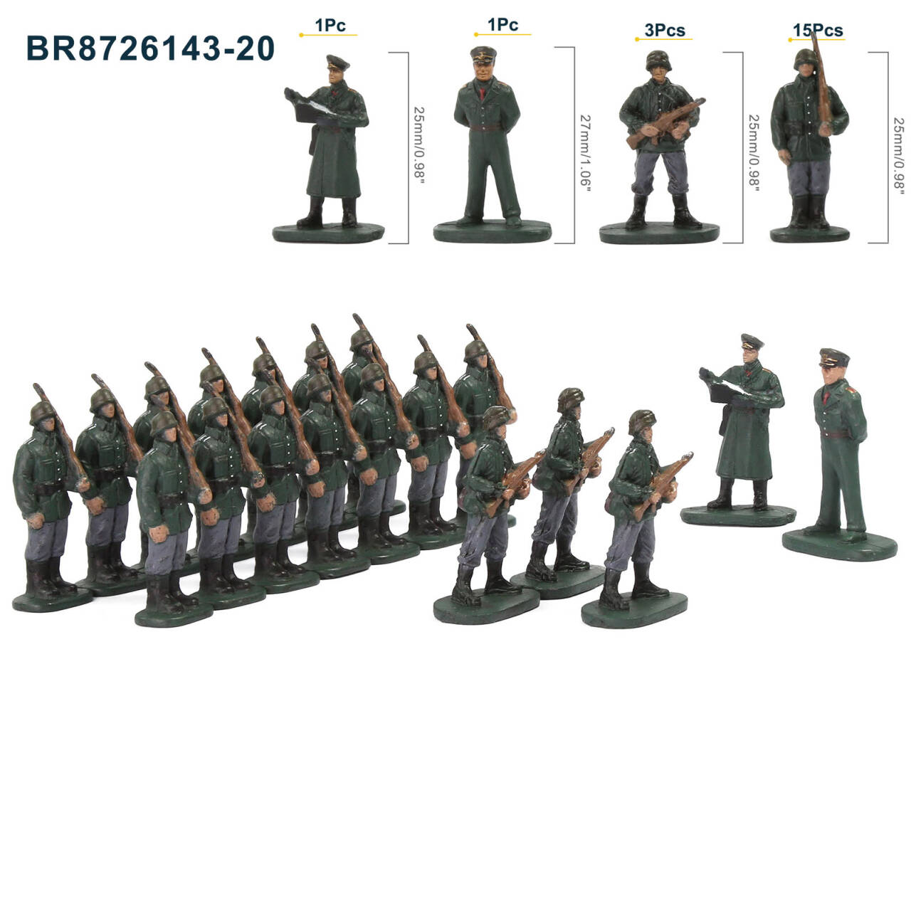 BR87 20pcs HO Scale 1:87 Model 18 Soldiers and 2 Officers Military Figures Army Men Infantry