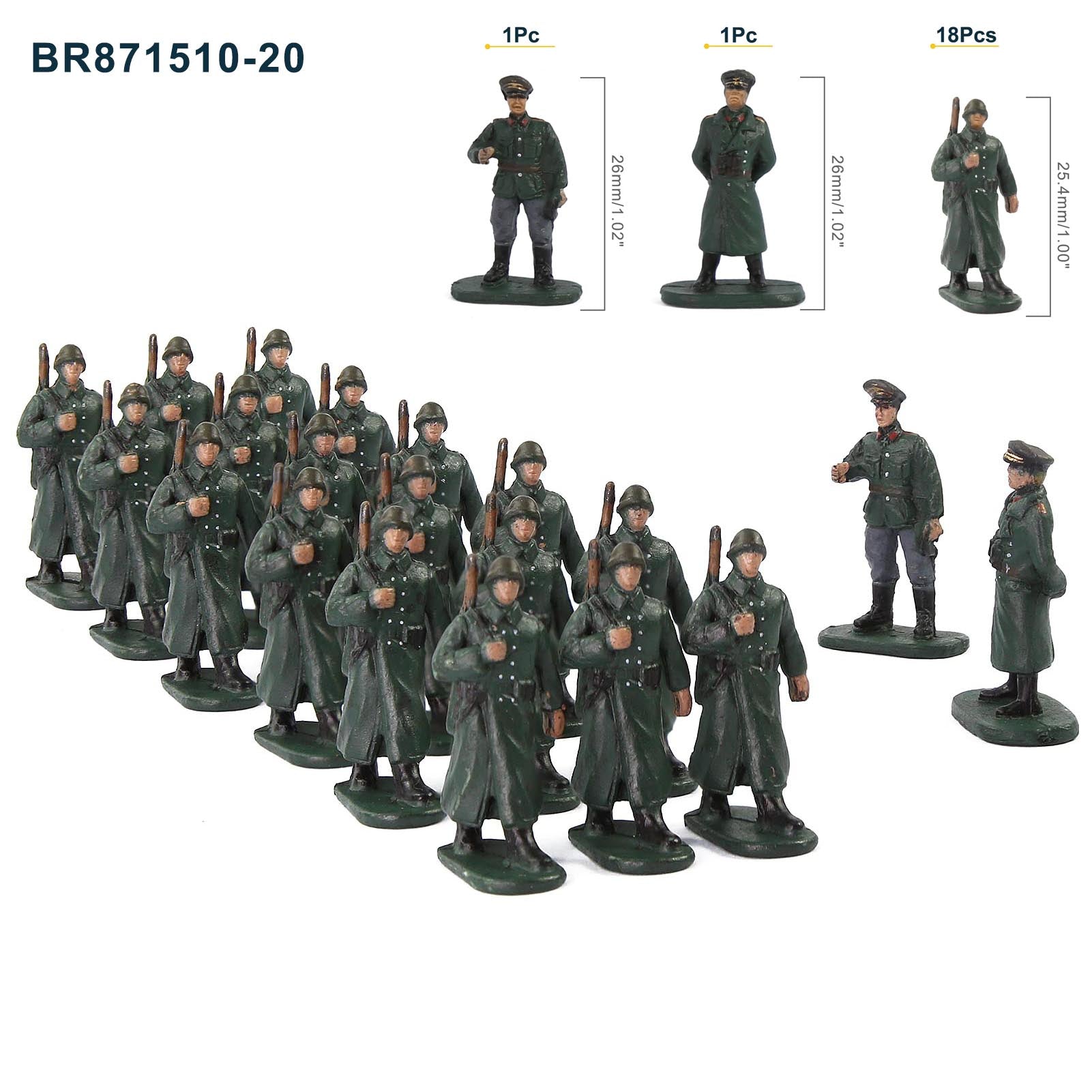 BR87 20pcs HO Scale 1:87 Model 18 Soldiers and 2 Officers Military Figures Army Men Infantry