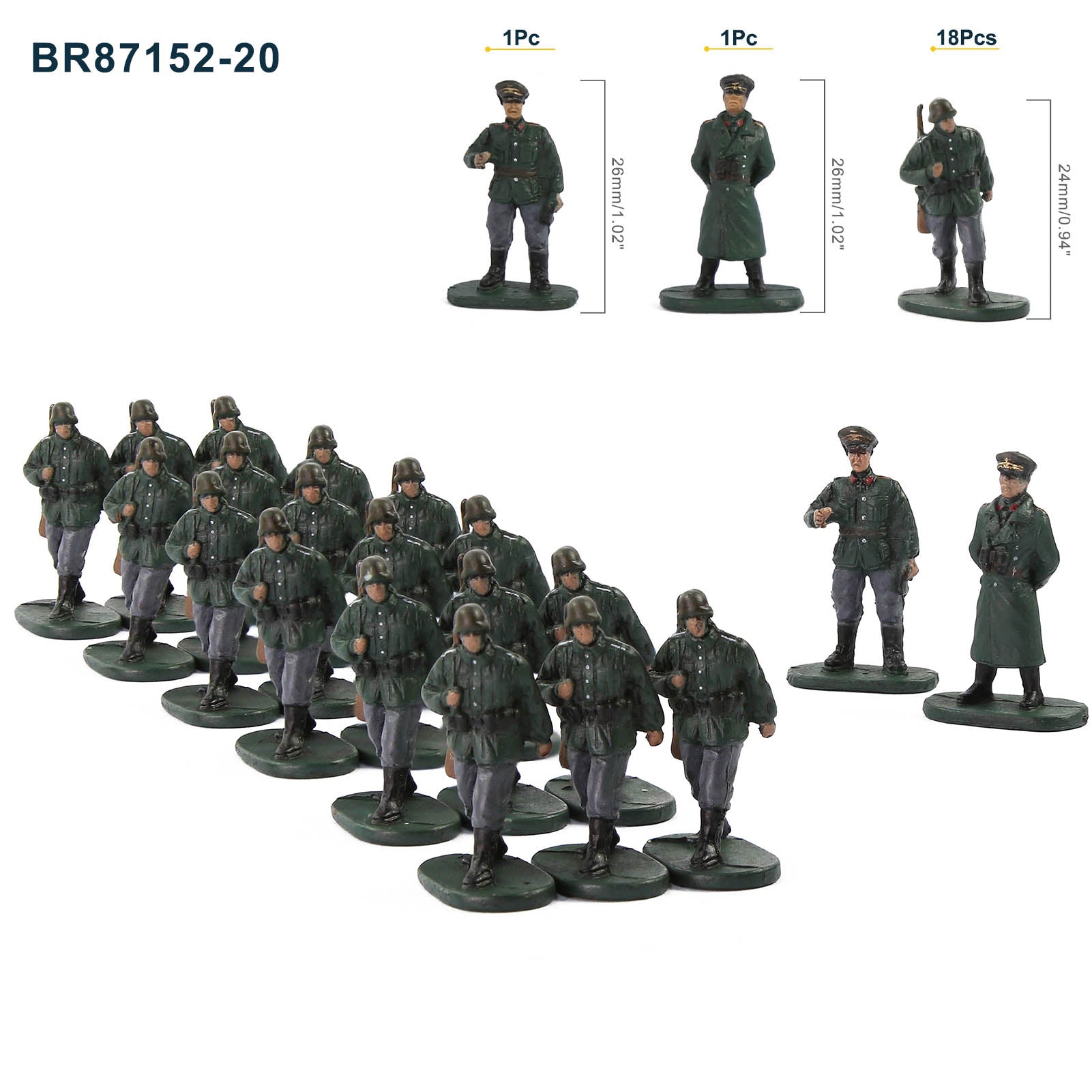 BR87 20pcs HO Scale 1:87 Model 18 Soldiers and 2 Officers Military Figures Army Men Infantry