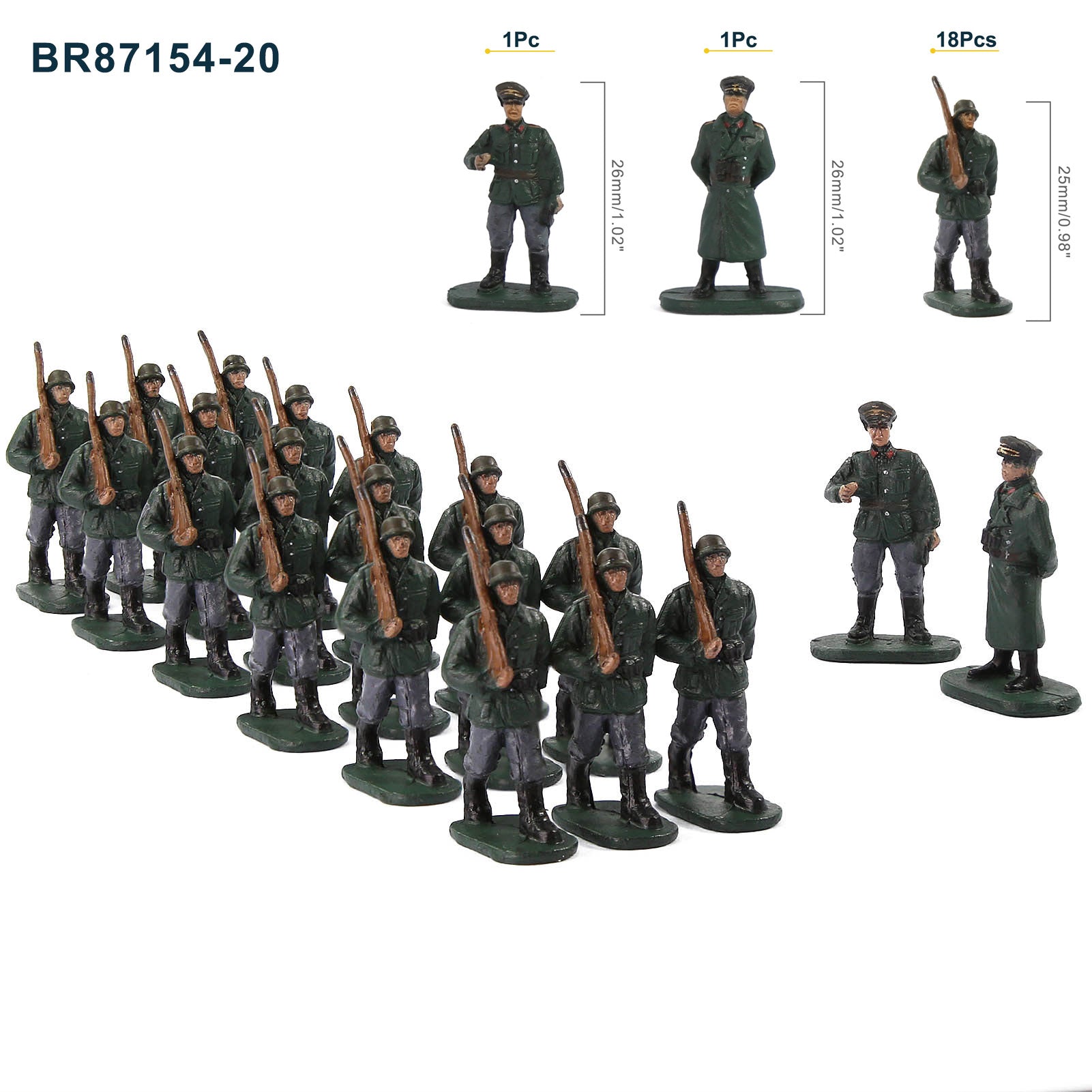 BR87 20pcs HO Scale 1:87 Model 18 Soldiers and 2 Officers Military Figures Army Men Infantry