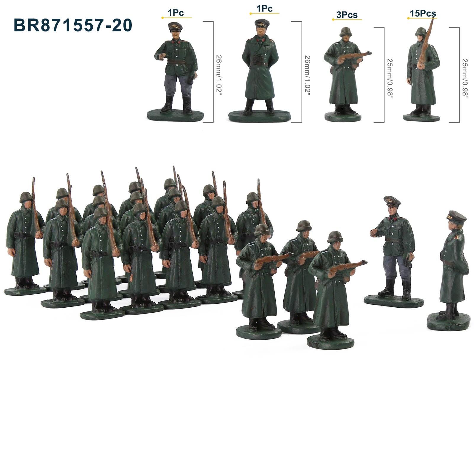 BR87 20pcs HO Scale 1:87 Model 18 Soldiers and 2 Officers Military Figures Army Men Infantry