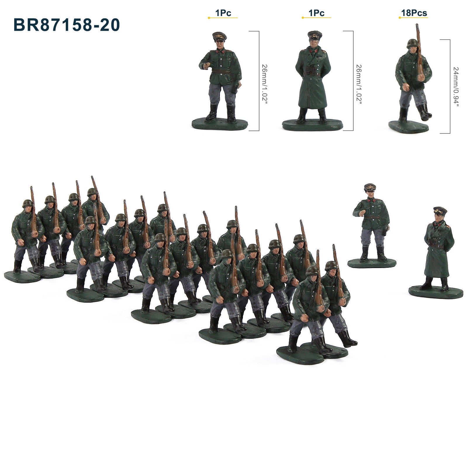 BR87 20pcs HO Scale 1:87 Model 18 Soldiers and 2 Officers Military Figures Army Men Infantry