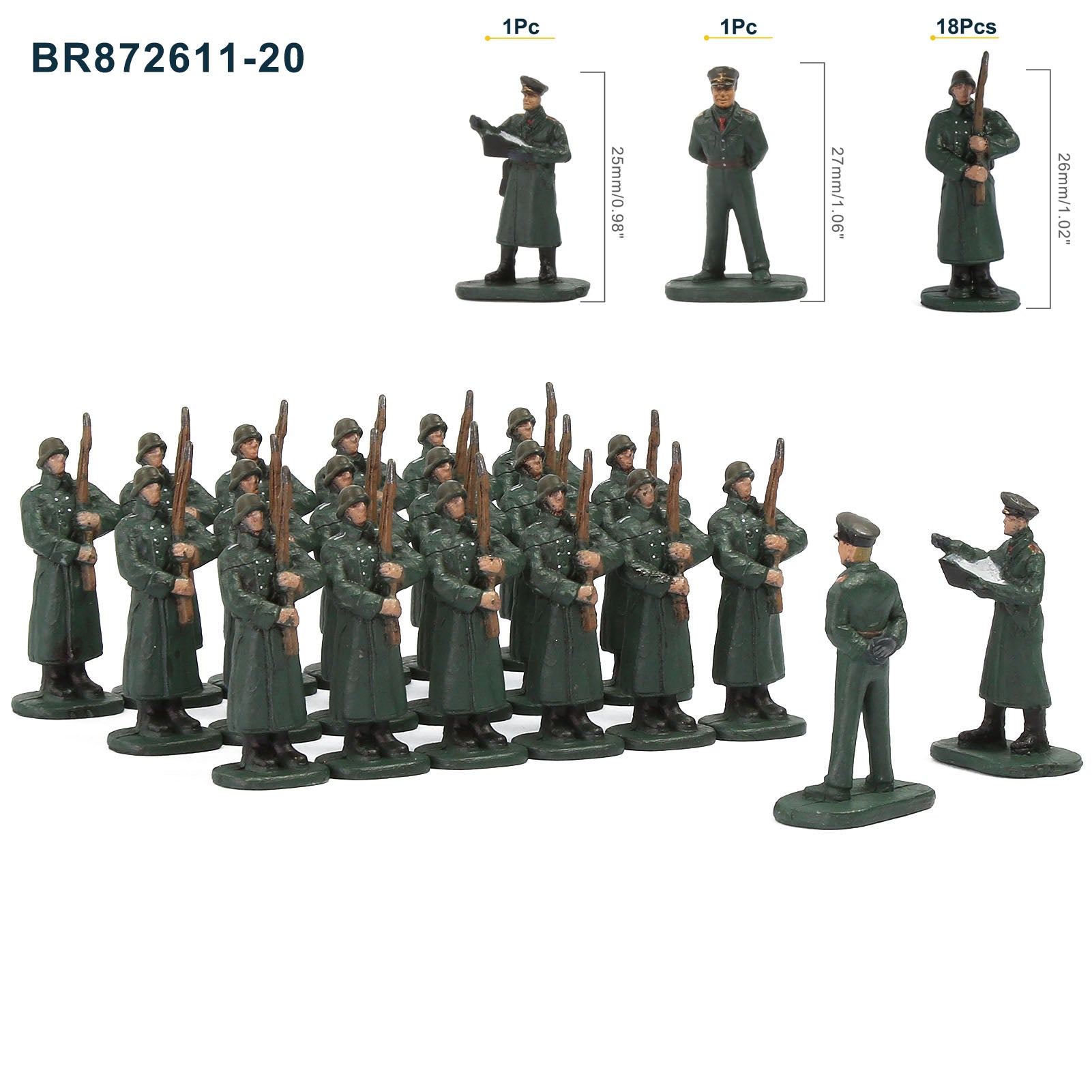 BR87 20pcs HO Scale 1:87 Model 18 Soldiers and 2 Officers Military Figures Army Men Infantry