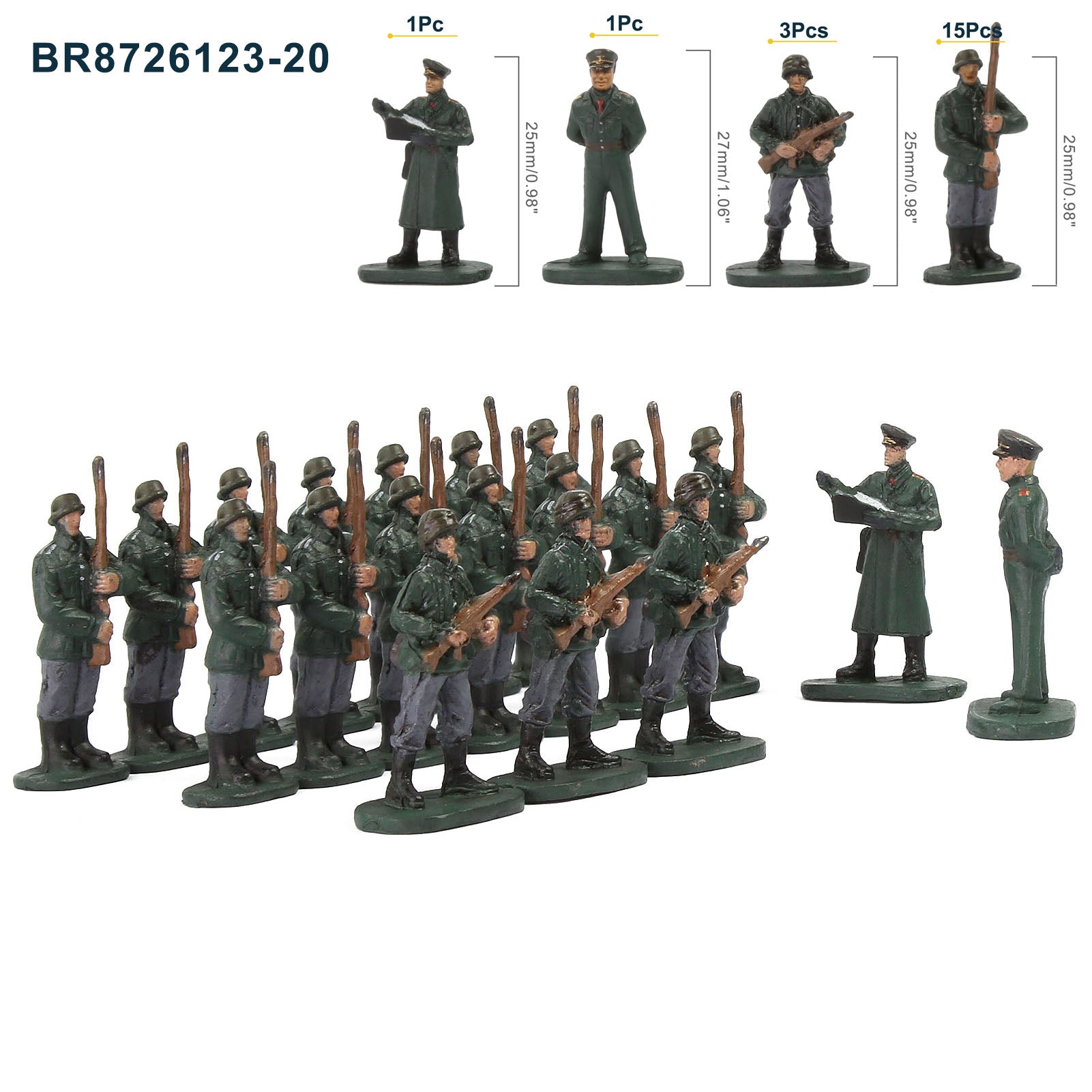 BR87 20pcs HO Scale 1:87 Model 18 Soldiers and 2 Officers Military Figures Army Men Infantry