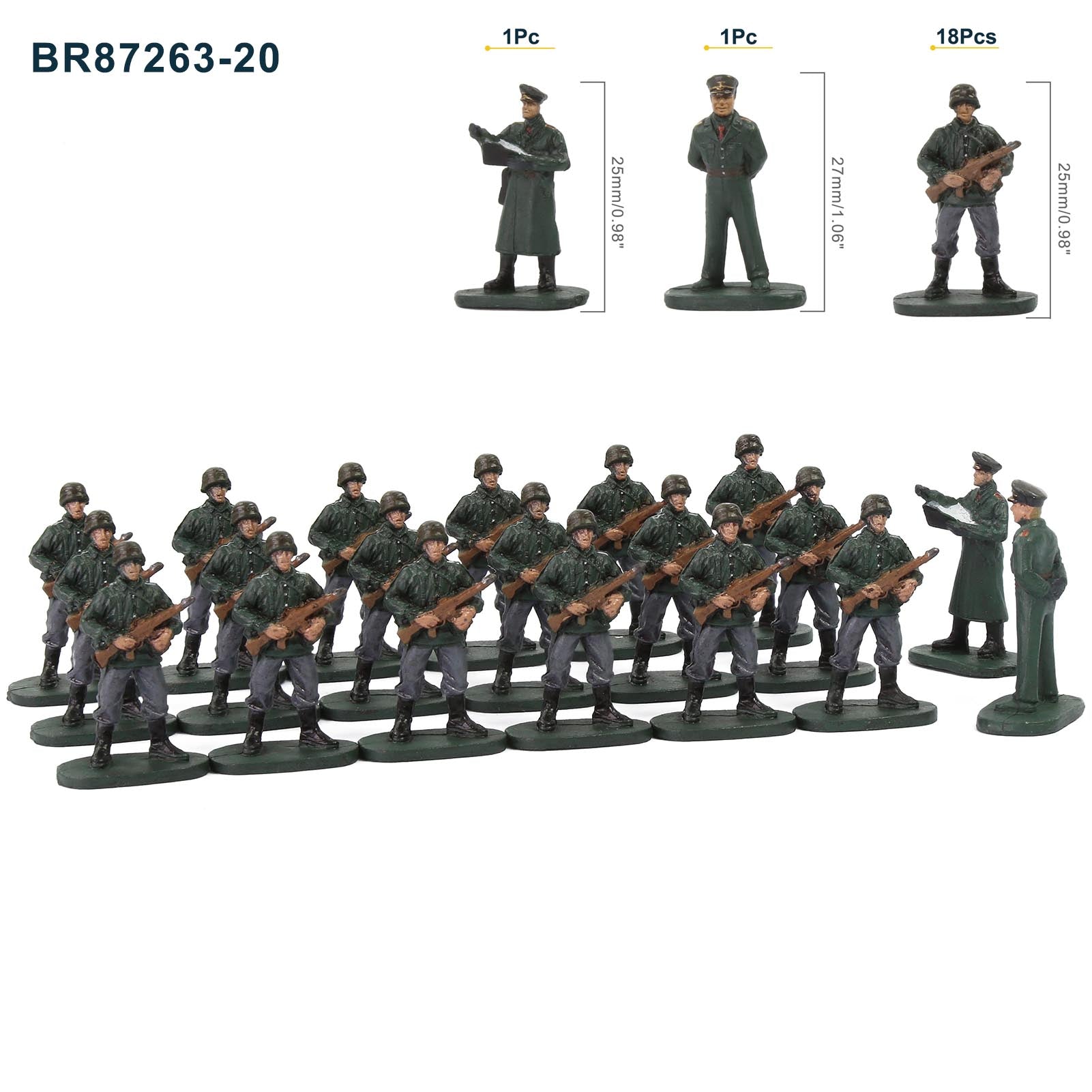 BR87 20pcs HO Scale 1:87 Model 18 Soldiers and 2 Officers Military Figures Army Men Infantry