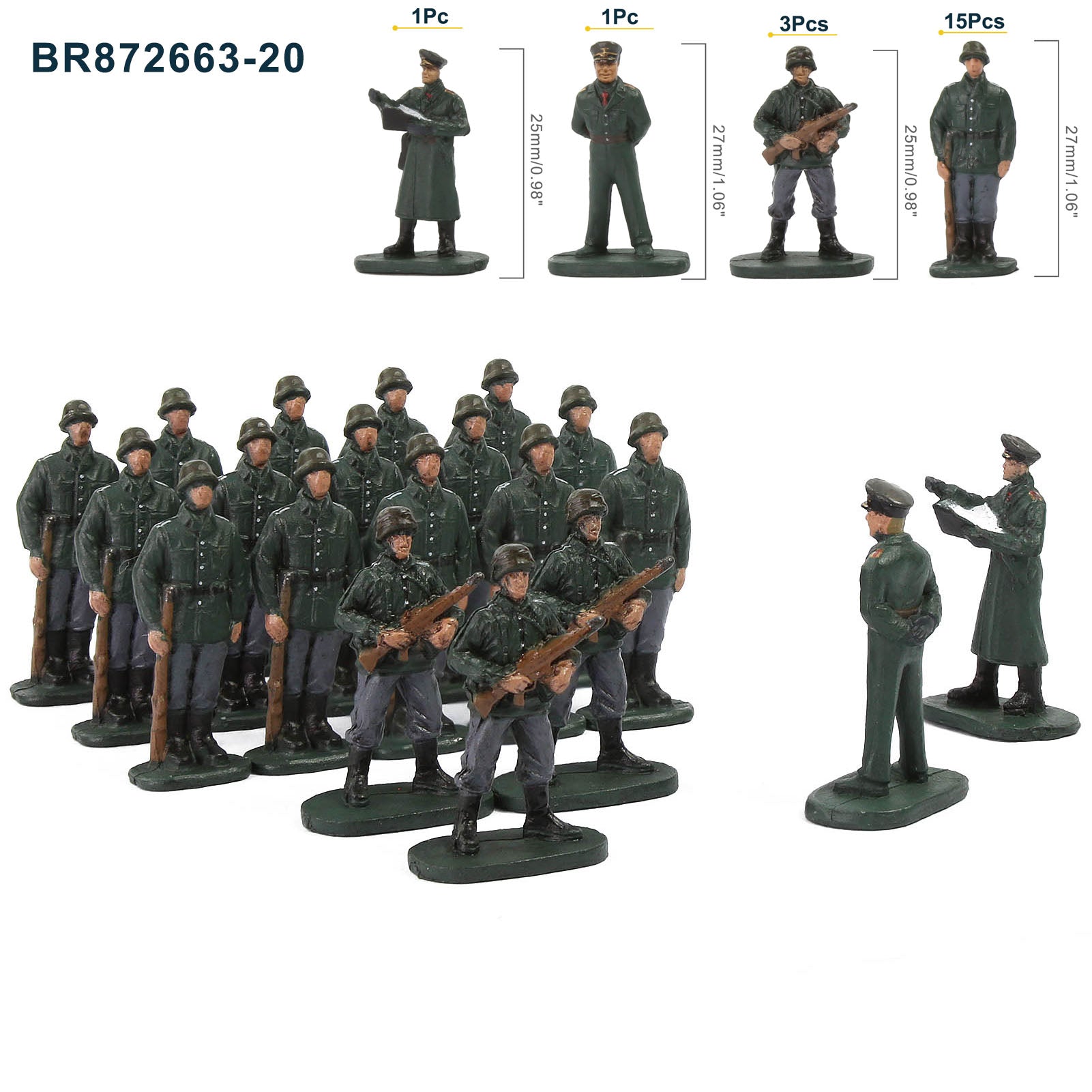 BR87 20pcs HO Scale 1:87 Model 18 Soldiers and 2 Officers Military Figures Army Men Infantry