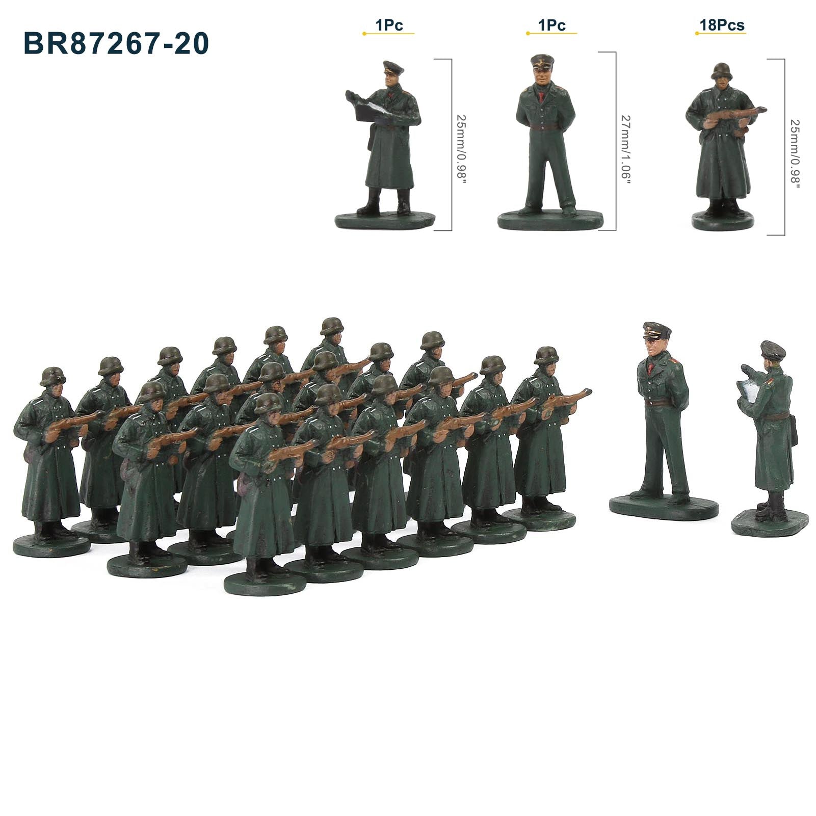 BR87 20pcs HO Scale 1:87 Model 18 Soldiers and 2 Officers Military Figures Army Men Infantry