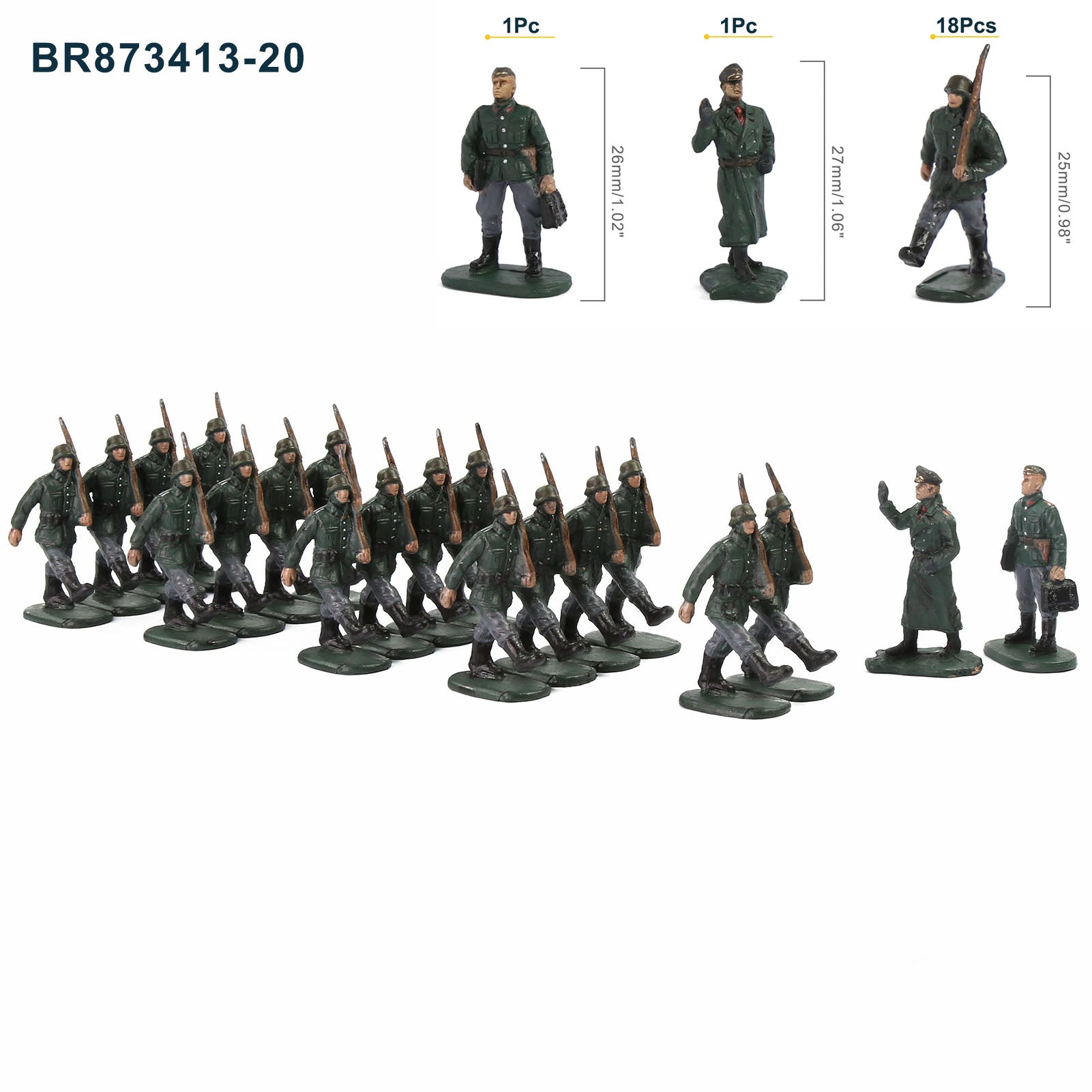 BR87 20pcs HO Scale 1:87 Model 18 Soldiers and 2 Officers Military Figures Army Men Infantry