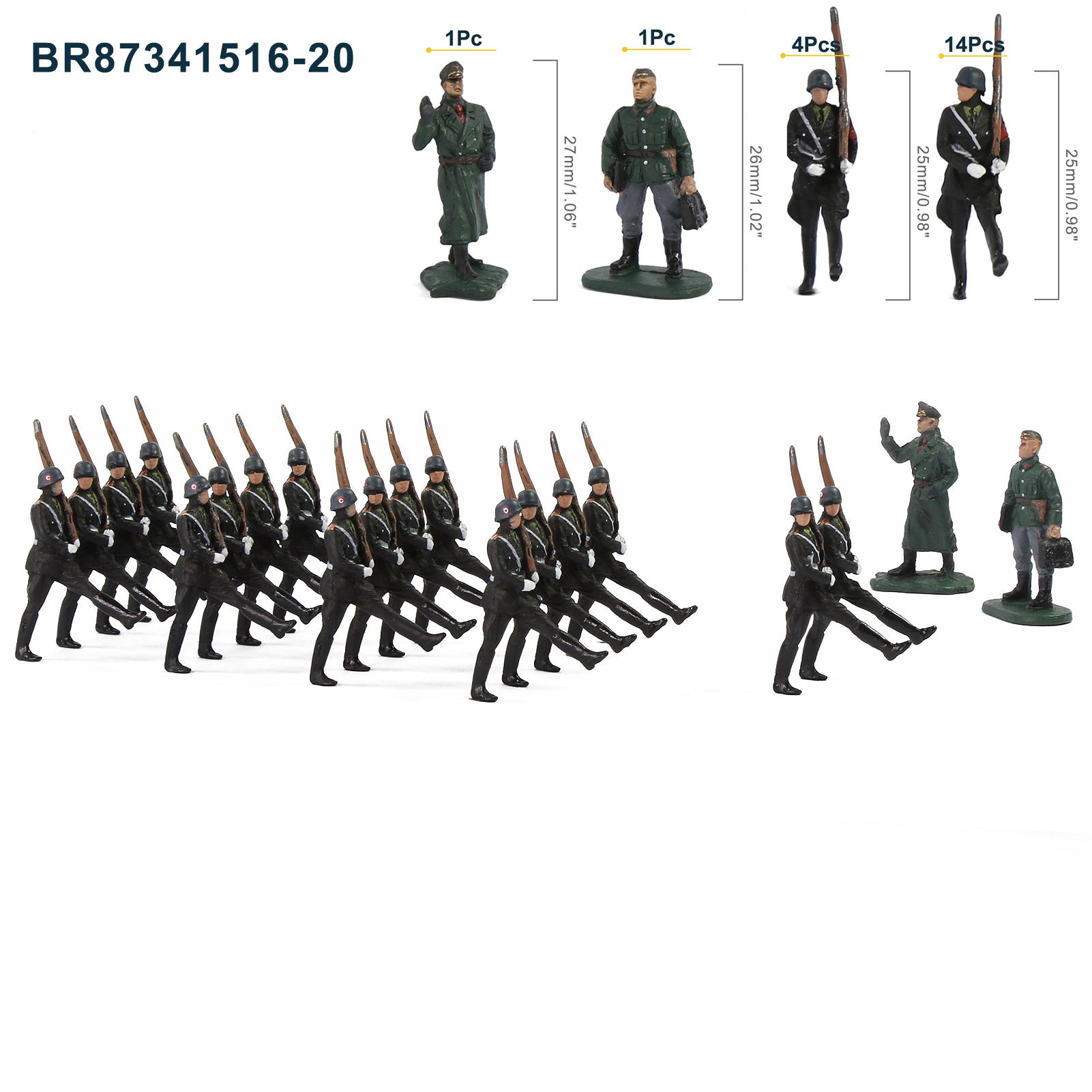 BR87 20pcs HO Scale 1:87 Model 18 Soldiers and 2 Officers Military Figures Army Men Infantry