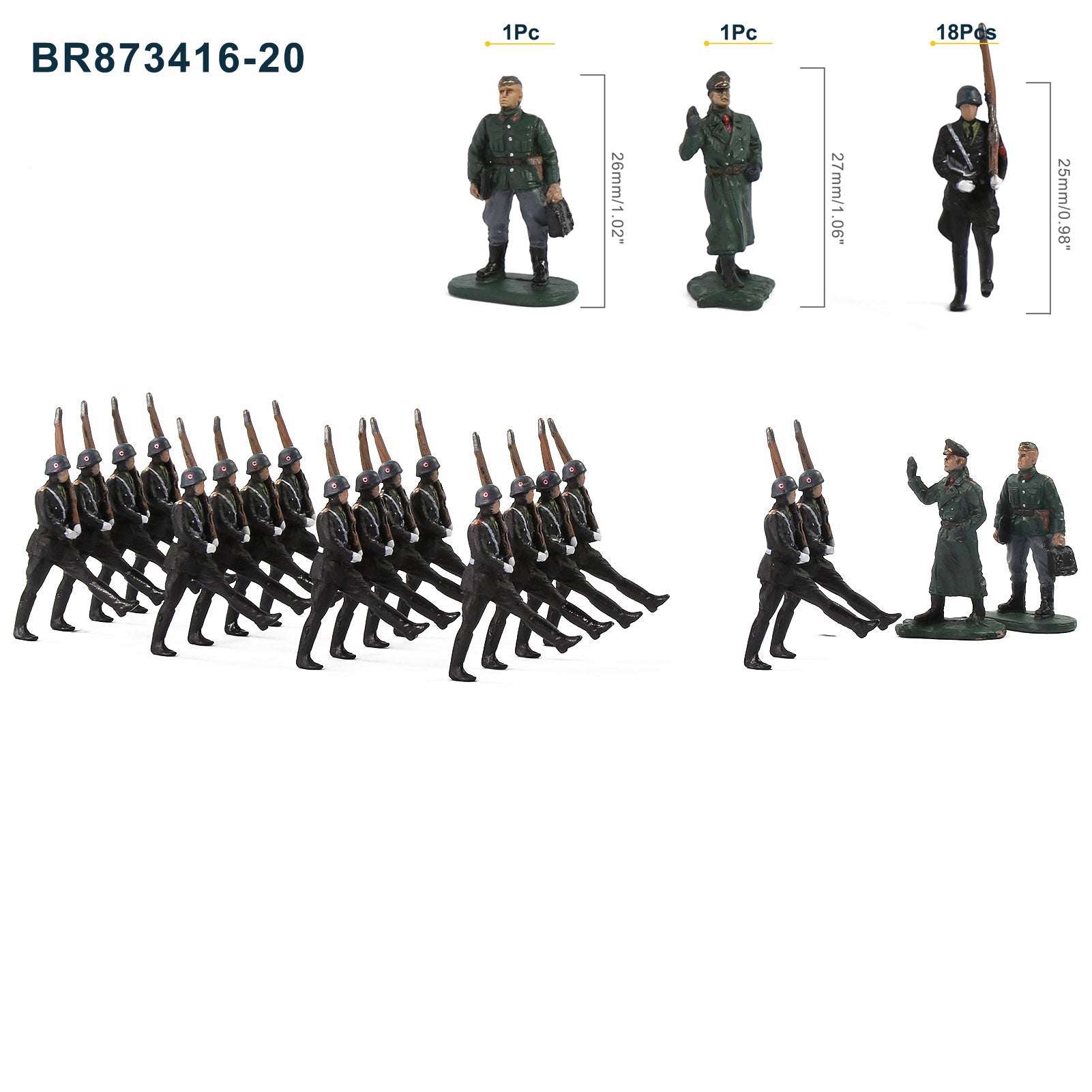 BR87 20pcs HO Scale 1:87 Model 18 Soldiers and 2 Officers Military Figures Army Men Infantry