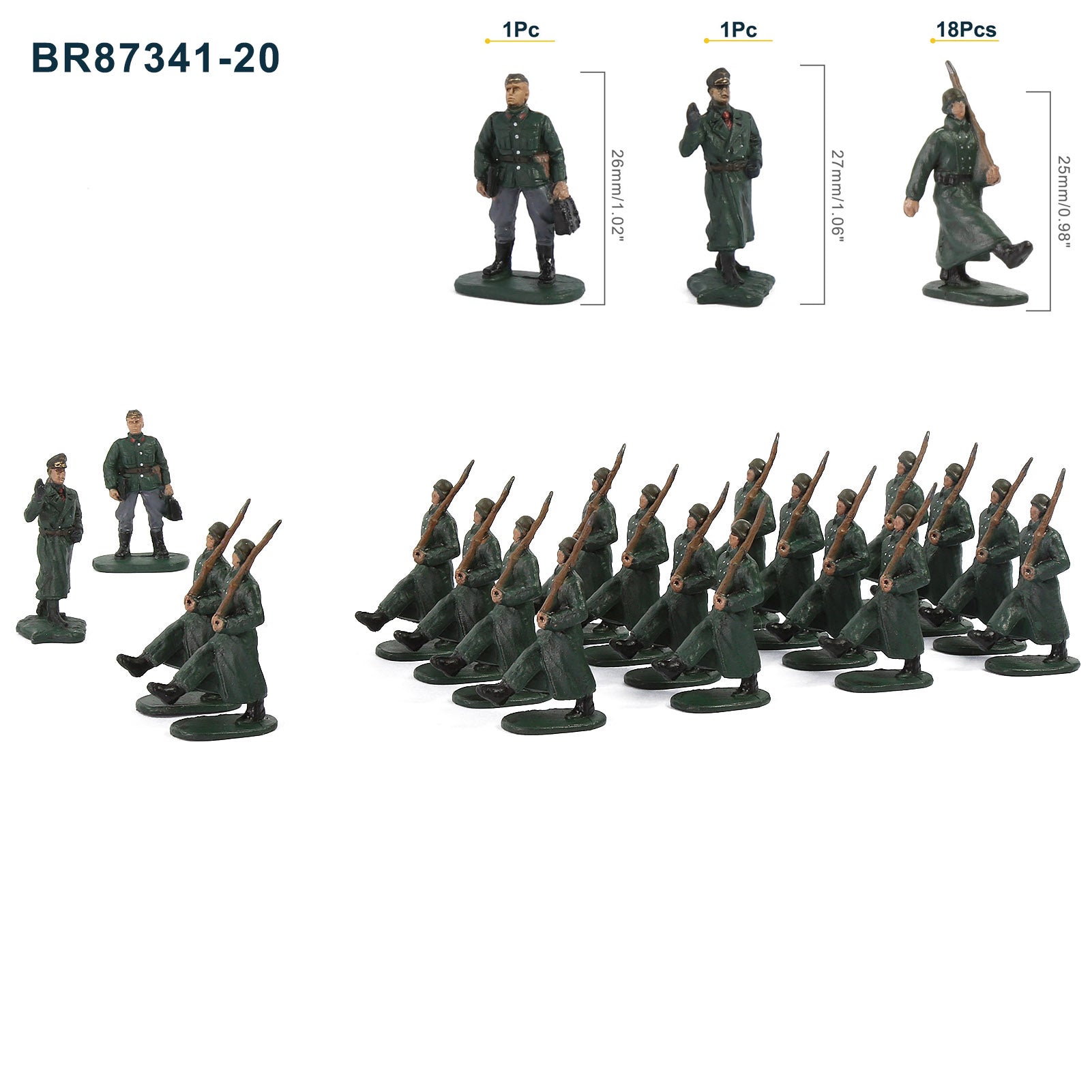 BR87 20pcs HO Scale 1:87 Model 18 Soldiers and 2 Officers Military Figures Army Men Infantry