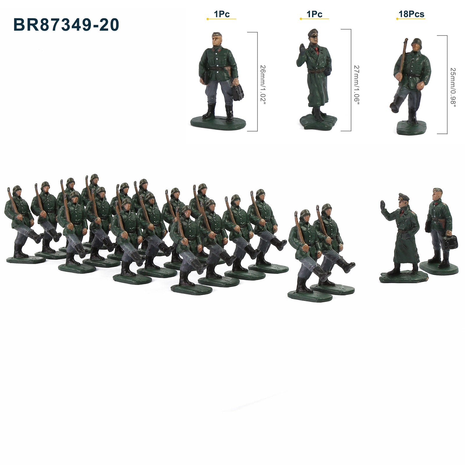 BR87 20pcs HO Scale 1:87 Model 18 Soldiers and 2 Officers Military Figures Army Men Infantry