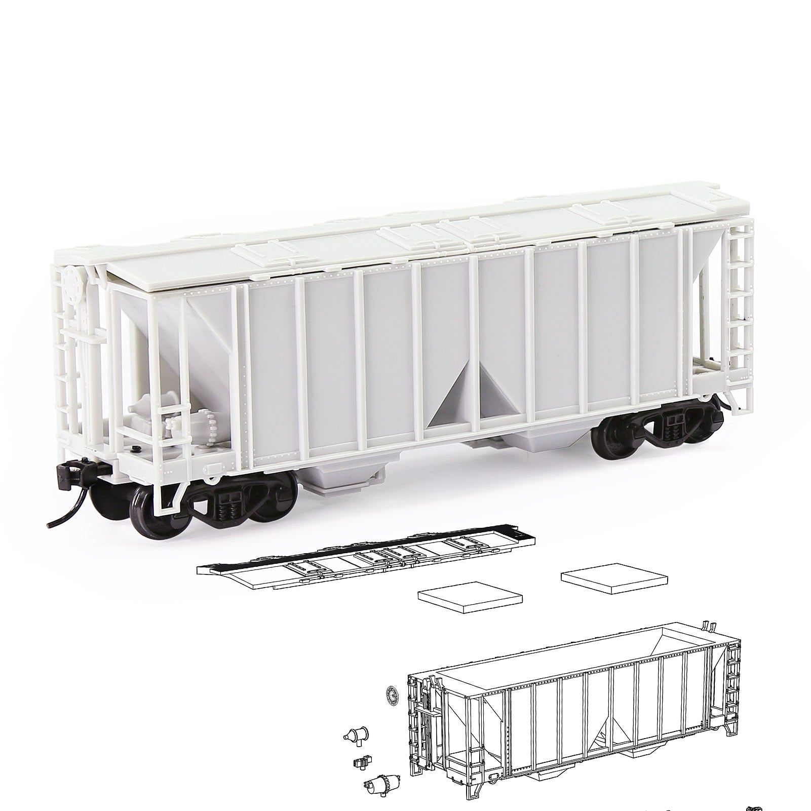 C8760JJ 1pc HO Scale 1:87 Blank Unassembled White 2-Bay Covered Hopper Car