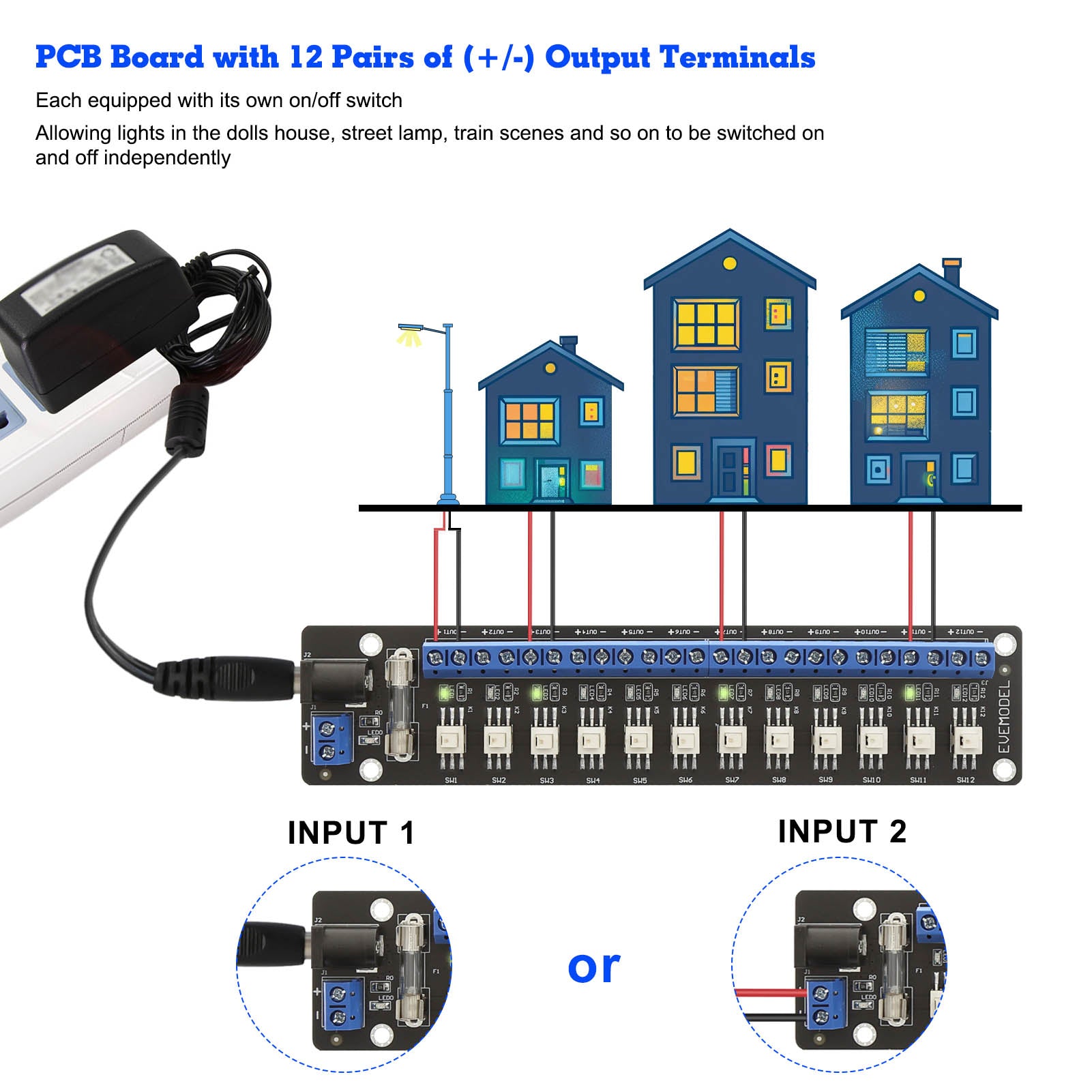 PCB017 1 Unit 3V-24V DC Power Distribution 12 Channels Module Push-Button Switch
